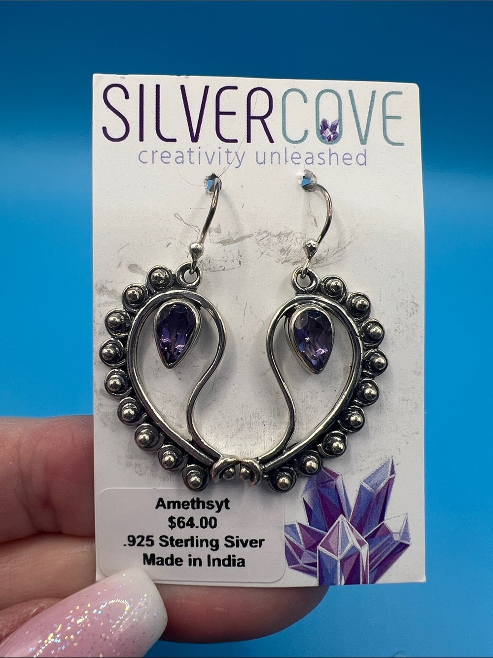 Sterling Silver Heart paisley Teardrop Amethyst Dangle Earrings - Purple